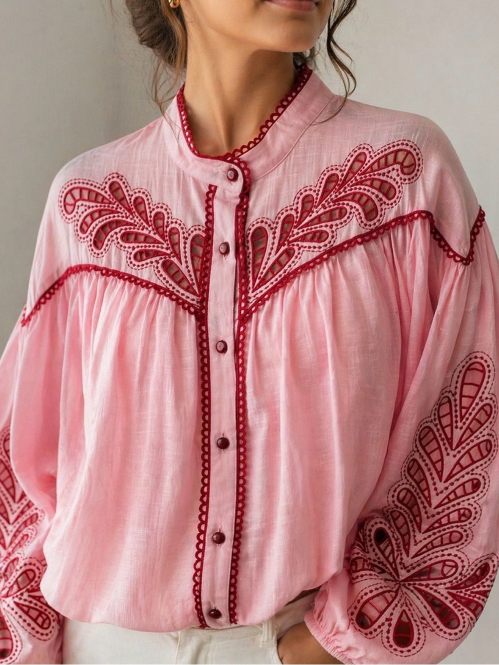 ROSALIA Light Pink Embroidered Button-Front Blouse with Red Trim